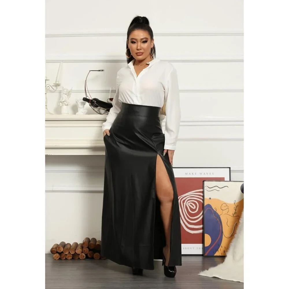 Women Black High Waisted Sexy PU Leather Vintage A-Line Long Skirt Pockets - Picture 3 of 6